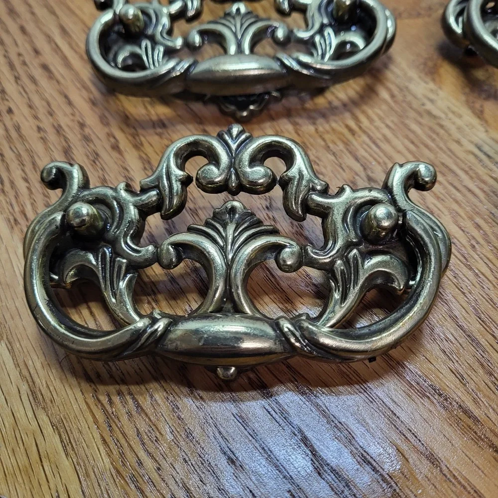 VTG Chunky Large Brass Tone Drop Bail Cabinet Drawer Pulls Handles Lot Set of 6